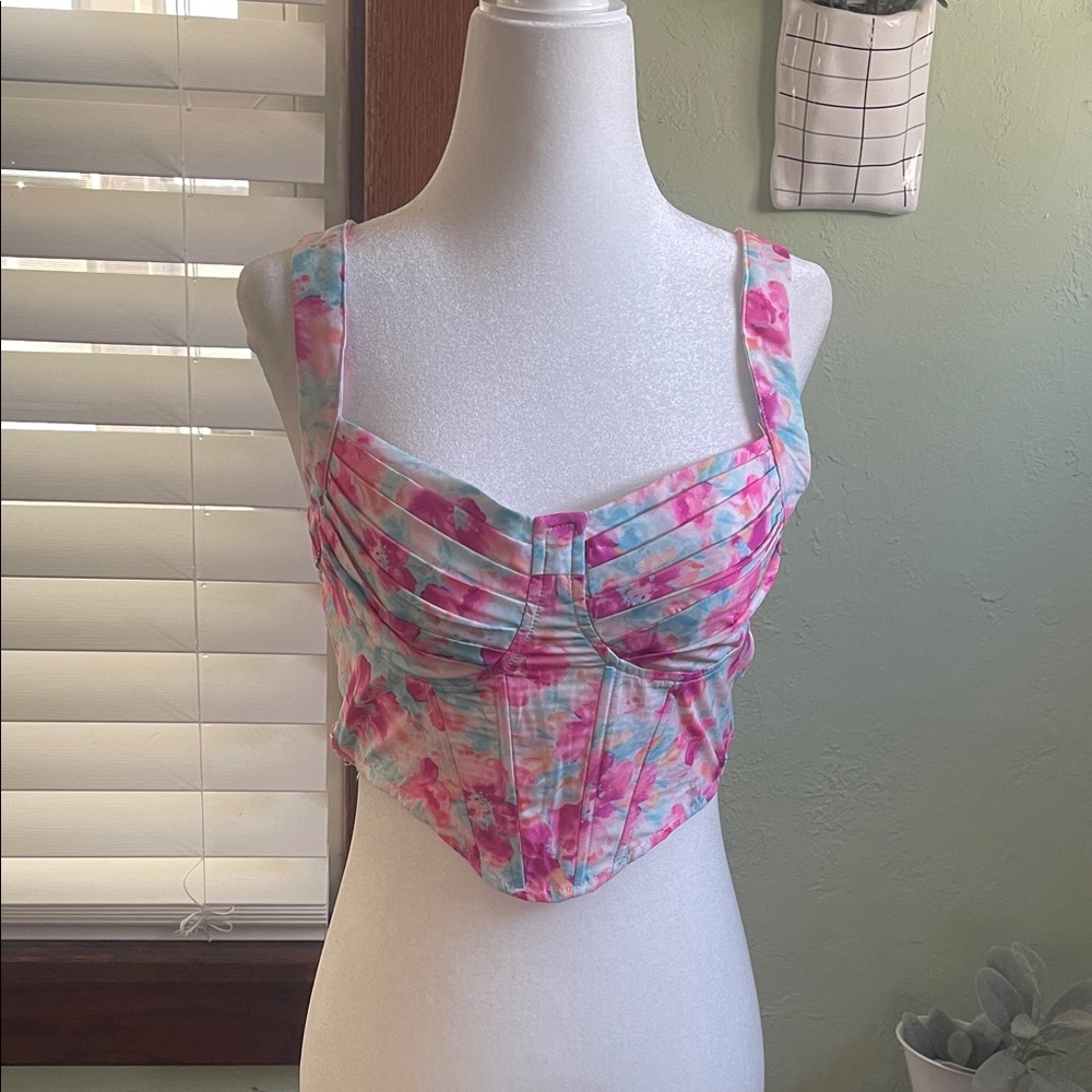 SHEIN Pink and Blue Floral Crop‎ Top
